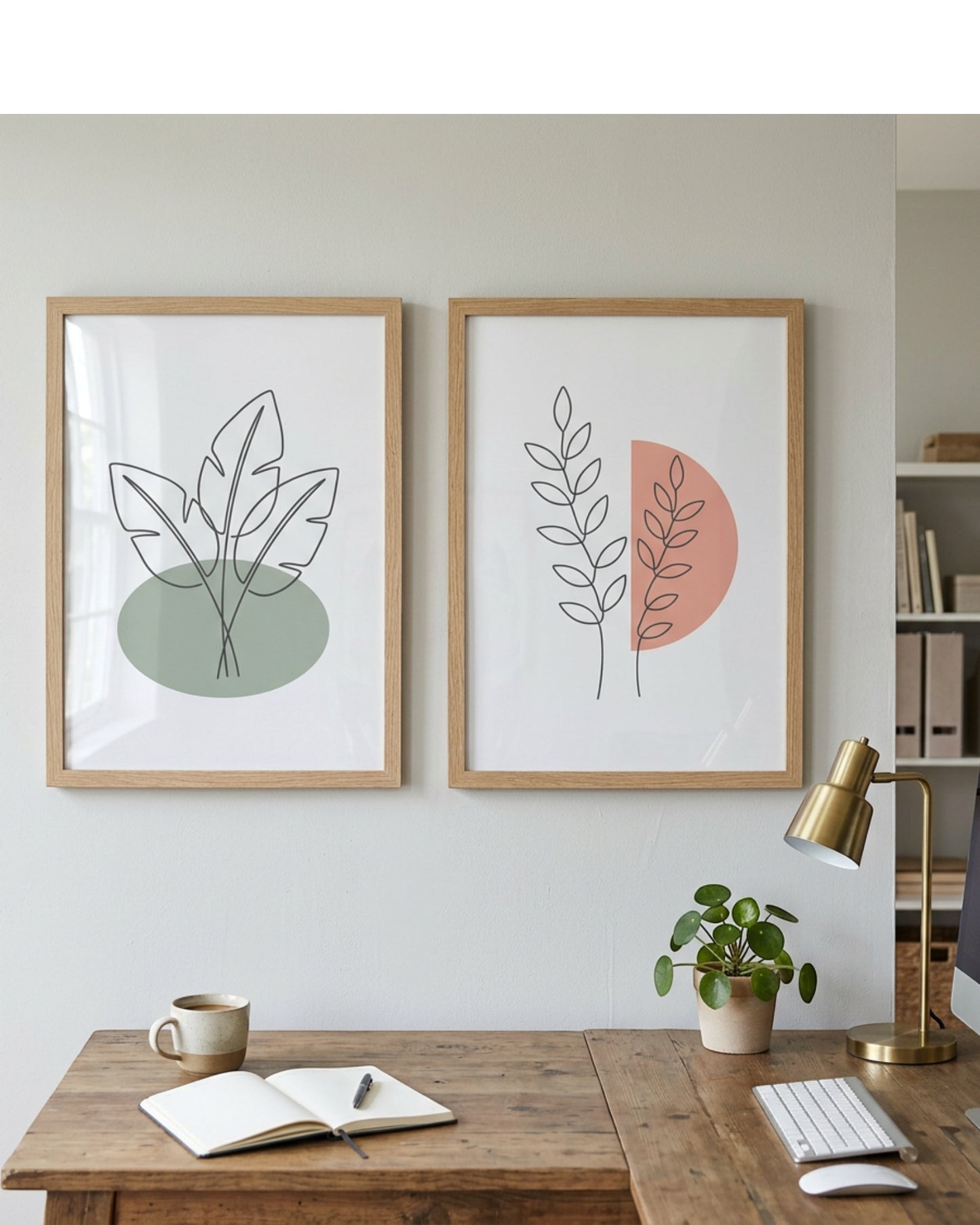 Modm Botanical Line Art Framed Wall Print Set of 2 50 x 70 cm Oak - Lifestyle view