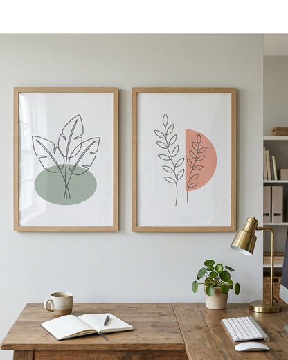 Modm Botanical Line Art Framed Wall Print Set of 2 50 x 70 cm Oak - Lifestyle view