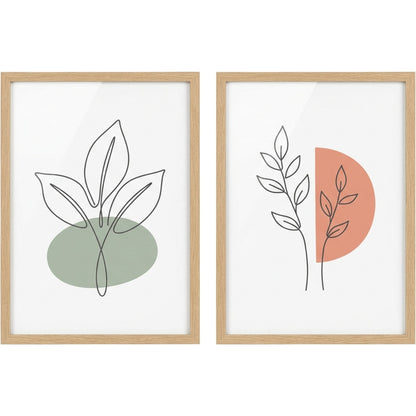 Modm Botanical Line Art Framed Wall Print Set of 2 50 x 70 cm Oak - Product view