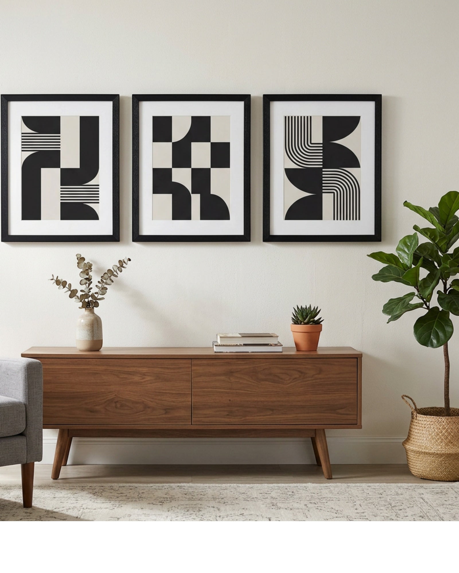 Modm Abstract Geometric Framed Wall Art Set of 3 40 x 50 cm Black - Lifestyle view