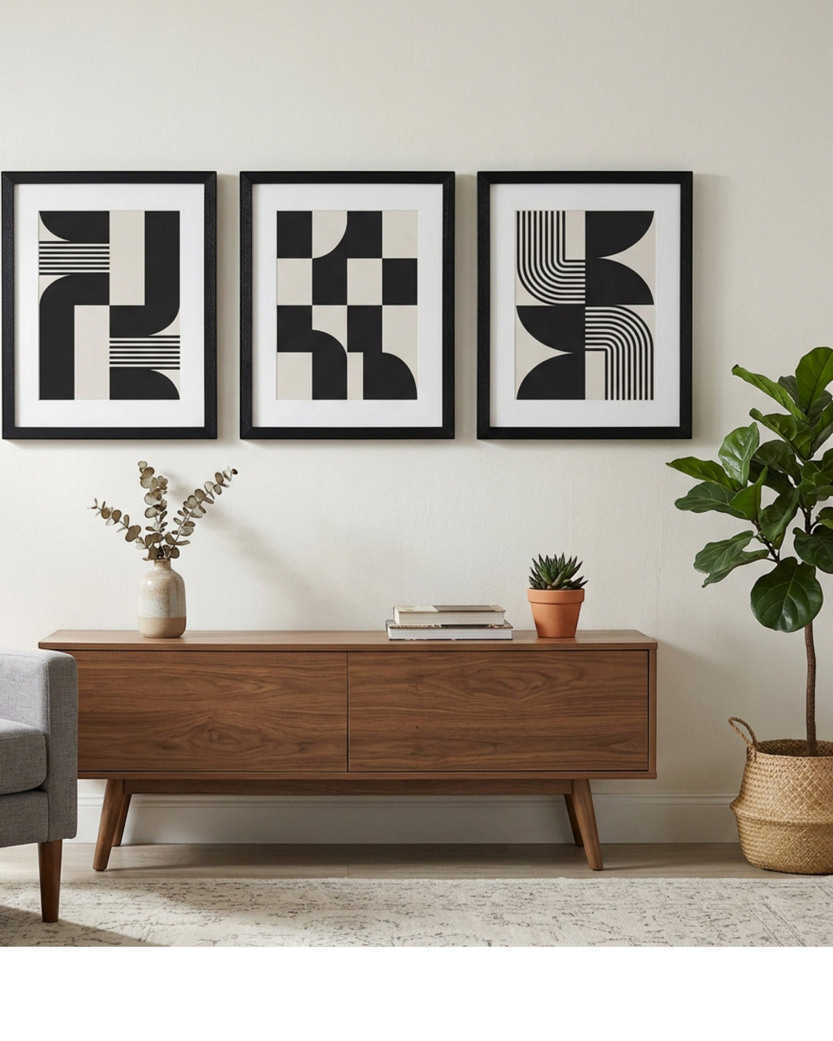 Modm Abstract Geometric Framed Wall Art Set of 3 40 x 50 cm Black - Lifestyle view